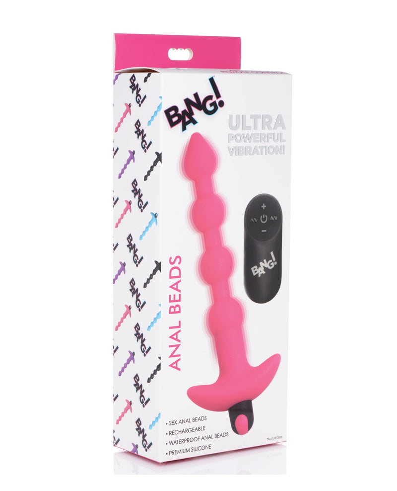 XR Brands Bang! 28X Vibrating Silicone Anal Beads with Remote Control Pink Anal Toys