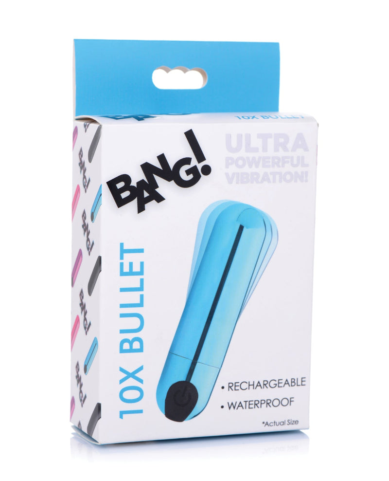 XR Brands Bang! 10X Rechargeable Vibrating Metallic Bullet Blue Vibrators