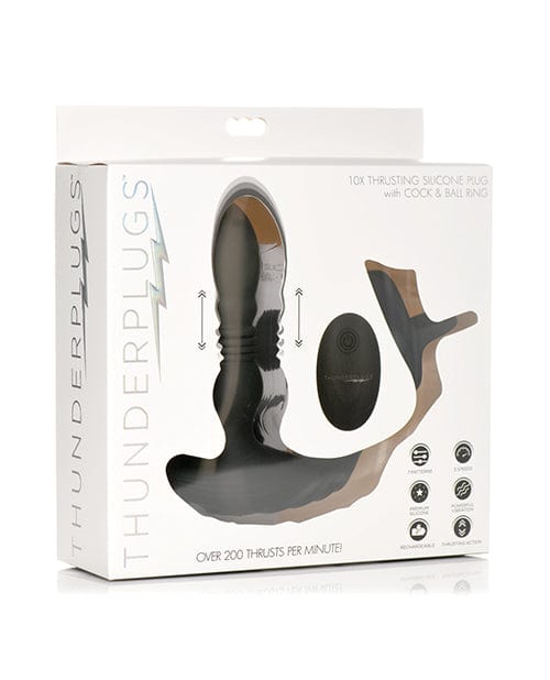 Thunderplugs 10x Thrusting Silicone Vibrator with Cock & Ball Strap & Remote - Black