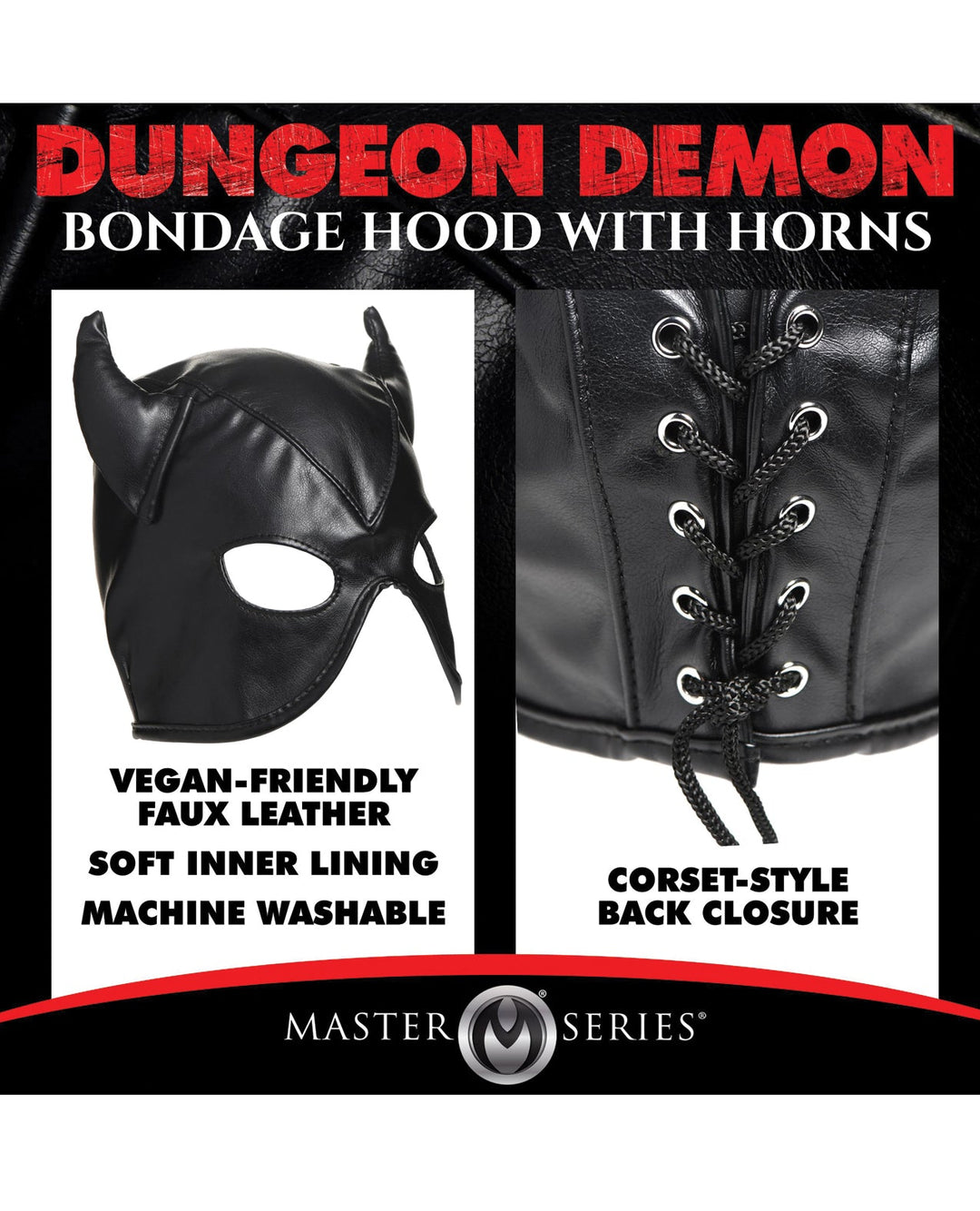 Xr LLC Master Series Dungeon Demon Bondage Hood w/Horns - Black Kink &amp; BDSM