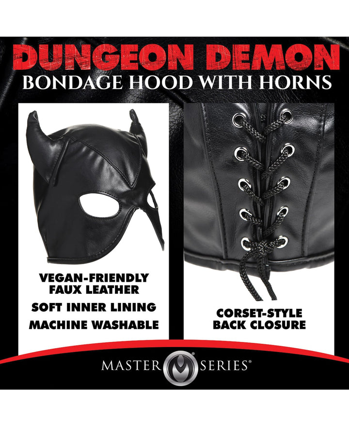 Xr LLC Master Series Dungeon Demon Bondage Hood w/Horns - Black Kink &amp; BDSM