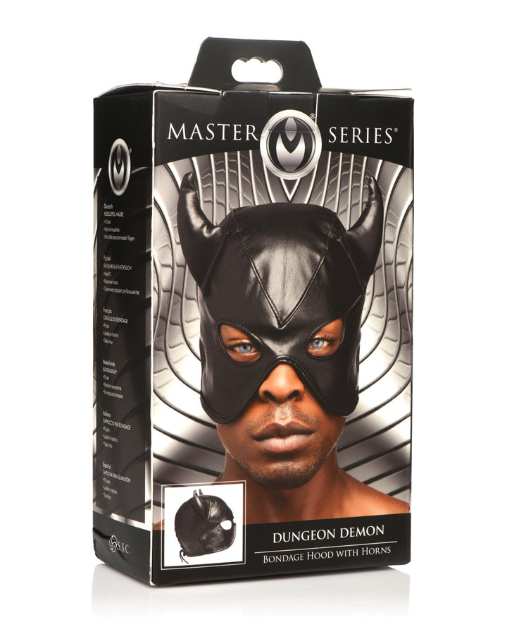 Xr LLC Master Series Dungeon Demon Bondage Hood w/Horns - Black Kink &amp; BDSM