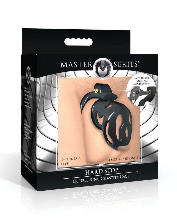 Xr LLC Master Series Hard Stop Double Ring Chastity Cage - Black Kink &amp; BDSM