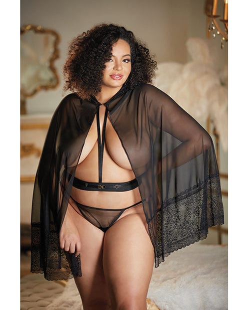 Allure Lingerie Lp Allure Lace &amp; Mesh Cape W/attached Waist Belt (g-string Not Included) Qn Black Lingerie &amp; Costumes