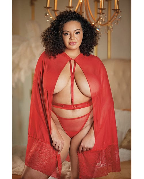 Allure Lingerie Lp Allure Lace & Mesh Cape W/attached Waist Belt (g-string Not Included) Qn Red Lingerie & Costumes