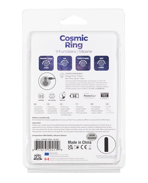 B.M.S. Enterprises Cosmic Cock Ring W-rechargeable Bullet - 9 Functions Black Penis Toys