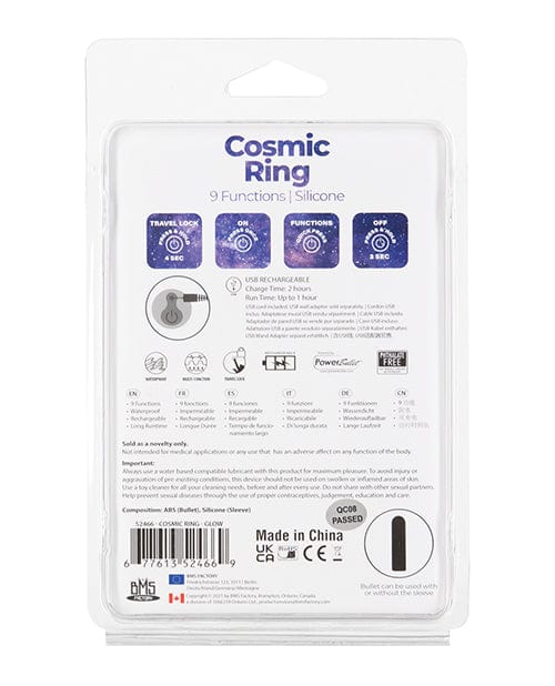 B.M.S. Enterprises Cosmic Cock Ring W-rechargeable Bullet - 9 Functions Glow In The Dark Penis Toys