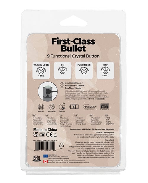 First Class Mini Rechargeable Bullet with crystal - 9 Functions Gun Metal