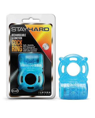 Blush Novelties Blush Stay Hard Rechargeable 5 Function Cock Ring- Blue Penis Toys