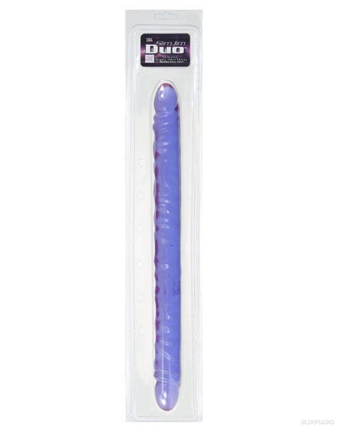 CalExotics 17" Slim Jim Duo Veined Super Slim Dong - Reflective Gel Purple Dildos