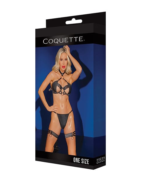 Coquette International Black Label Adjustable Choker Bra, G-string &amp; Leg Garters Black O-s Lingerie &amp; Costumes