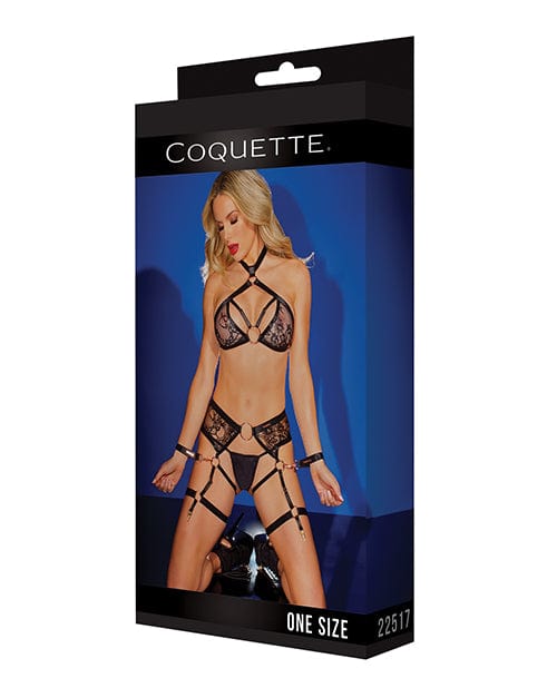 Coquette International Black Label Strappy Detail Halter Top, Crotchless Panty, Garters &amp; Restraints Black O-s Lingerie &amp; Costumes