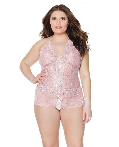 Coquette International Crystal Pink Halter Crotchless Teddy Pink-Silver Os-Xl Lingerie &amp; Costumes