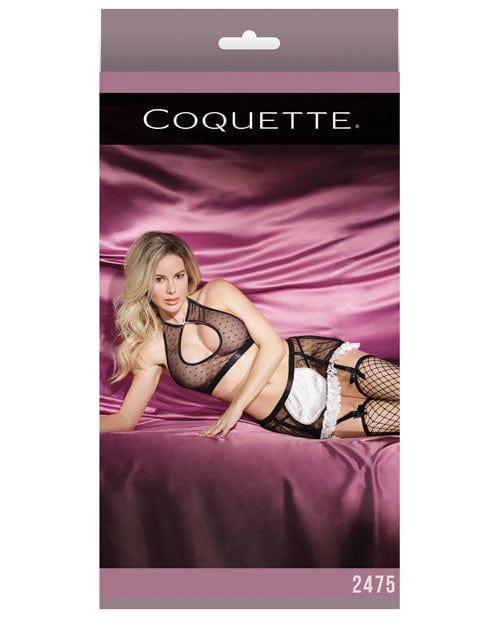 Coquette International Fashion Dot Mesh Satin French Maid Halter Top & Skirt Black One Size Fits Most Lingerie & Costumes