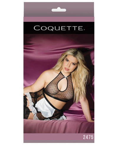 Coquette International Fashion Dot Mesh Satin French Maid Halter Top & Skirt Black Queen Size Lingerie & Costumes