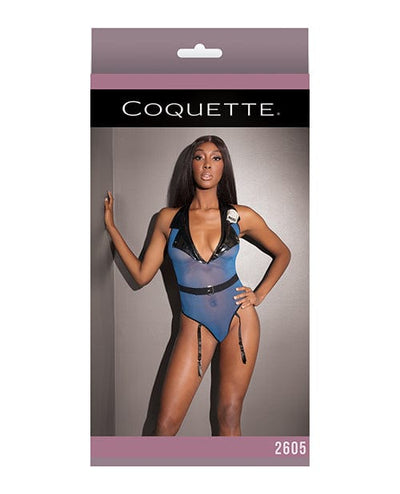 Coquette International Fashion Mesh Cop Teddy with Attached Garters Blue One Size Fits Most Lingerie & Costumes