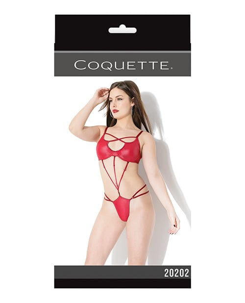 Coquette International Play Darque Matte Wet Look Teddy with Removable Connector Straps Red One Size Fits Most Lingerie & Costumes