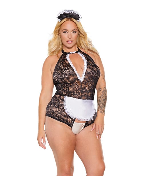 Coquette International Scallop Stretch Lace Crotchless Maid Teddy W-headpiece Black-white Os-xl Lingerie &amp; Costumes