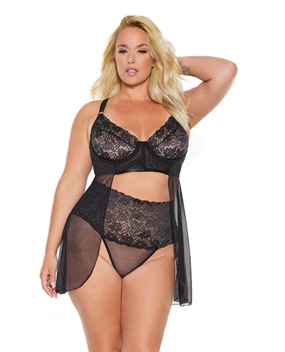 Coquette International Scallop Stretch Lace & Sheer Mesh Babydoll & High Waist Thong Black 1x/2x Lingerie & Costumes