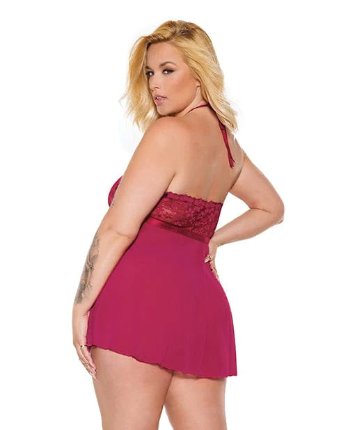 Coquette International Scallop Stretch Lace &amp; Sheer Mesh Halter Babydoll &amp; Adjustable Thong Raspberry Os-xl Lingerie &amp; Costumes