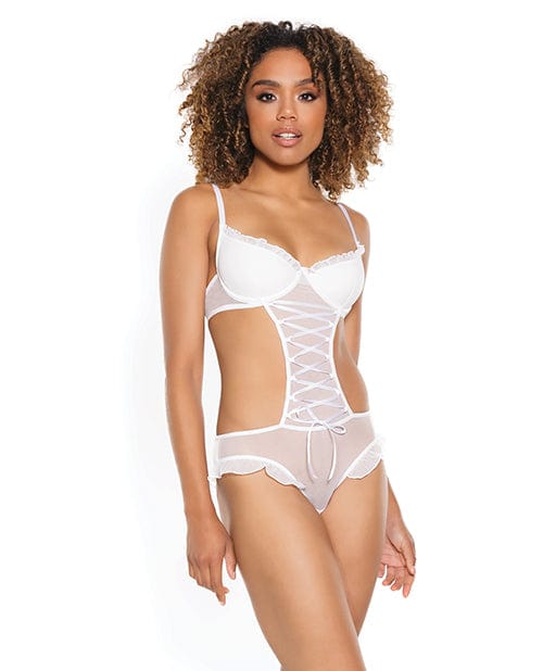 Coquette International Stretch Mesh Ruffled Crotchless Teddy White Large Lingerie &amp; Costumes