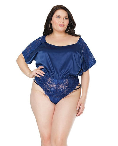 Coquette International Stretch Satin & Scallop Stretch Lace Off The Shoulder Romper Navy Os-xl Lingerie & Costumes