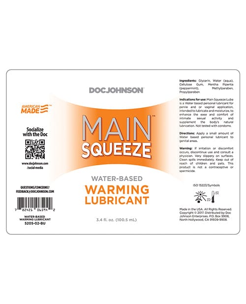 Doc Johnson Main Squeeze Warming Water-based Lubricant - 3.4 Oz. Lubes