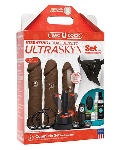 Doc Johnson Vac-U-Lock Vibrating Dual Density Ultraskyn Set with Wireless Remote Chocolate Vibrators