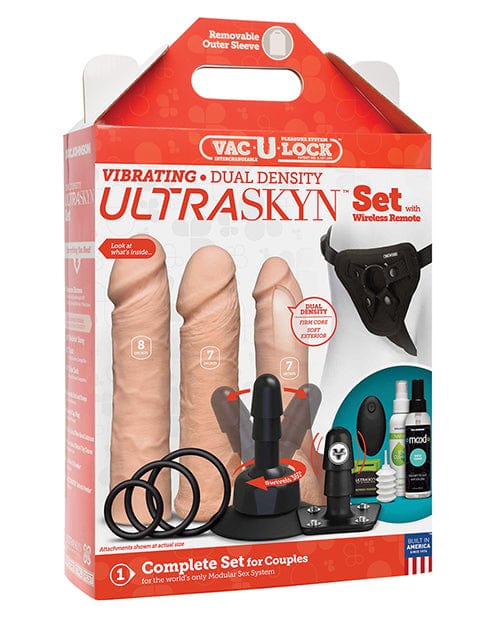 Doc Johnson Vac-U-Lock Vibrating Dual Density Ultraskyn Set with Wireless Remote Vanilla Vibrators