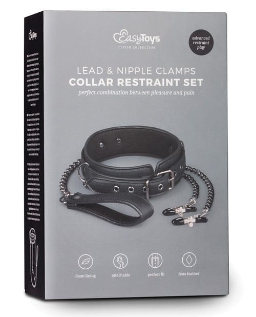 Easy Toys Faux Leather Collar with Nipple Chains - Black