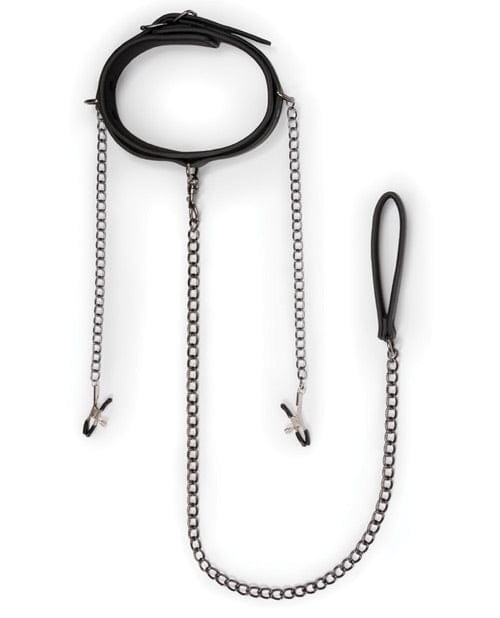 Easy Toys Faux Leather Collar with Nipple Chains - Black