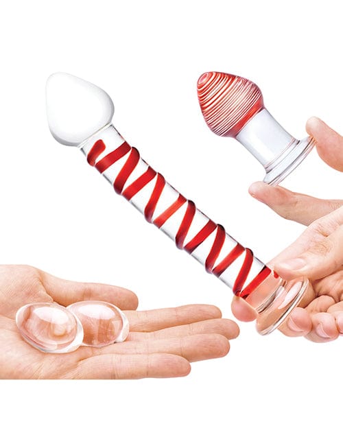 Electric Eel Glas 4 Pc Mr. Swirly Set W-glass Kegal Balls &amp; 3.25" Butt Plug - Red Dildos