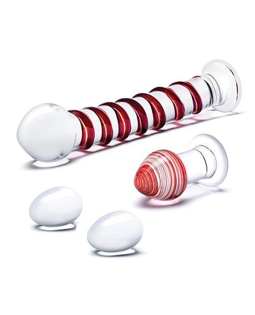 Electric Eel Glas 4 Pc Mr. Swirly Set W-glass Kegal Balls &amp; 3.25" Butt Plug - Red Dildos