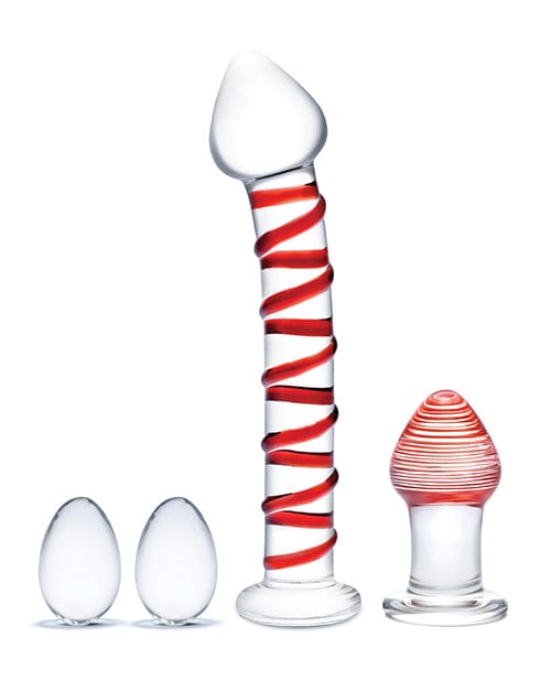 Electric Eel Glas 4 Pc Mr. Swirly Set W-glass Kegal Balls &amp; 3.25" Butt Plug - Red Dildos