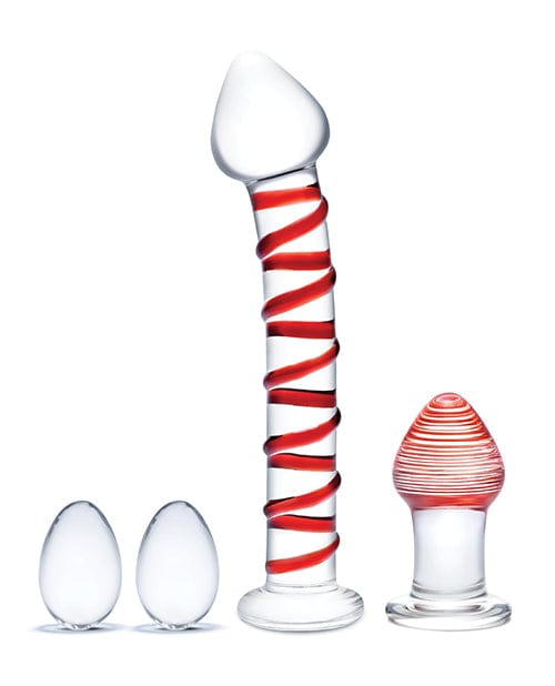 Electric Eel Glas 4 Pc Mr. Swirly Set W-glass Kegal Balls & 3.25" Butt Plug - Red Dildos
