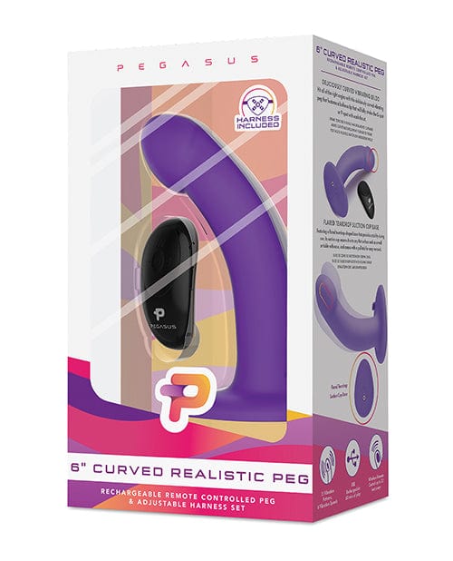 Electric Eel Pegasus 6" Rechargeable Curved Peg with Adjustable Harness &amp; Remote Set - Purple Dildos