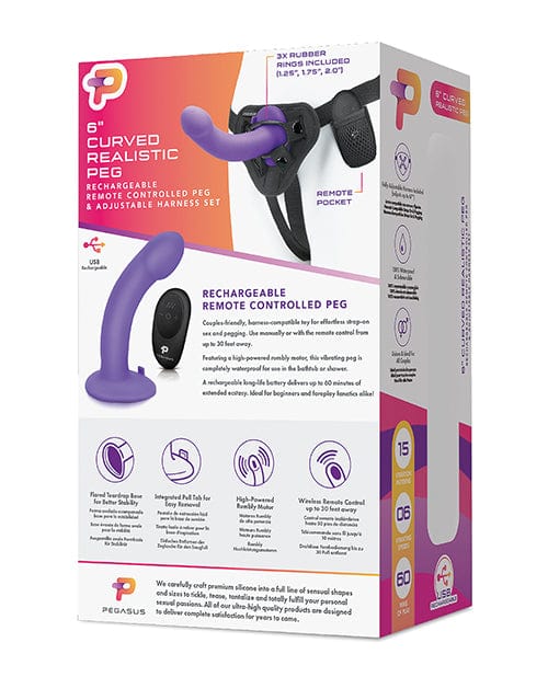 Pegasus 6" Rechargeable Curved Peg with Adjustable Harness & Remote Set - Purple