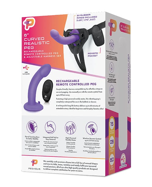 Electric Eel Pegasus 6" Rechargeable Curved Peg with Adjustable Harness & Remote Set - Purple Dildos