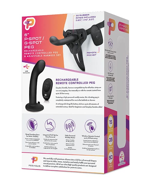 Pegasus 6" Rechargeable P-Spot G-Spot Peg with Adjustable Harness & Remote Set - Black