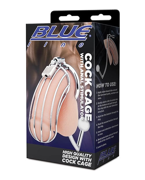 Electric Eel INC Blue Line Cock Cage W-anal Stimulator - Silver Kink &amp; BDSM