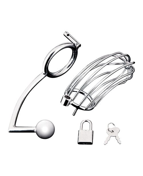 Electric Eel INC Blue Line Cock Cage W-anal Stimulator - Silver Kink &amp; BDSM