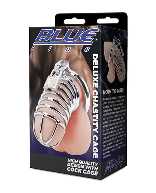 Electric Eel Blue Line Deluxe Chastity Cage - Silver Kink &amp; BDSM