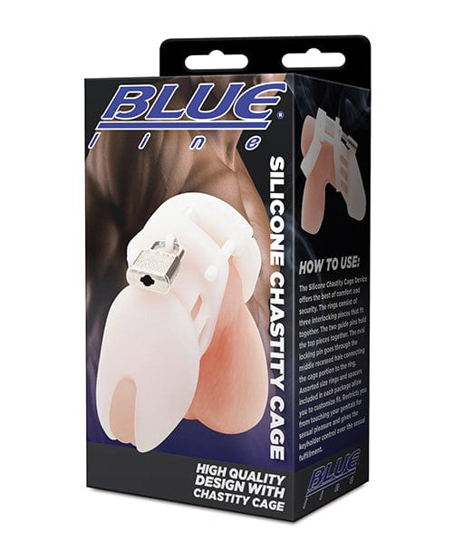 Electric Eel Blue Line Silicone Chastity Cage - White Kink &amp; BDSM