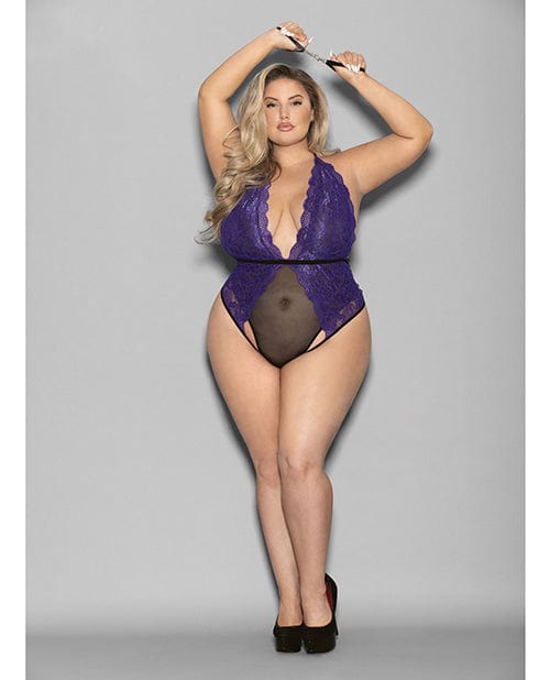 Escante INC Euphoria Halter Lace &amp; Mesh Teddy W/wrist Restraints Purple/black Qn Lingerie &amp; Costumes