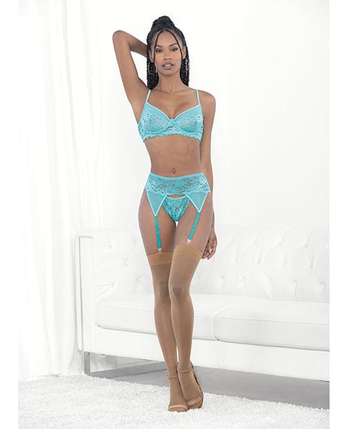 Escante INC Lace &amp; Mesh Underwire Bra, Garterbelt &amp; G-string Malibu Blue Large Lingerie &amp; Costumes