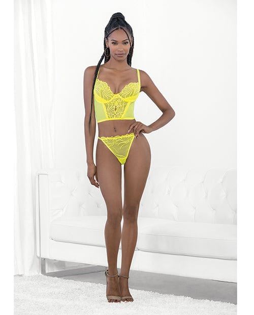 Neon Lace Corset Top with ring Accent & Panty Neon Lime