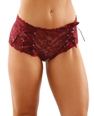 Fantasy Lingerie Bottoms Up Magnolia Stretch Lace Crotchless Panty W/ribbon Lace Up Front Garnet / Large/Extra Large Lingerie & Costumes