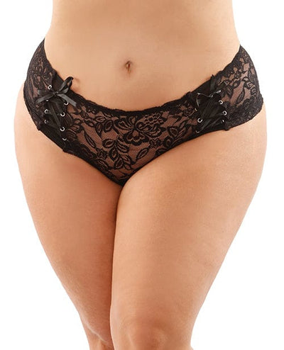 Fantasy Lingerie Bottoms Up Magnolia Stretch Lace Crotchless Panty W/ribbon Lace Up Front Qn Black Lingerie & Costumes