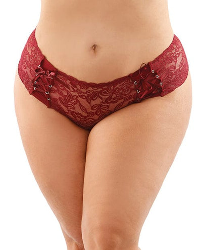 Fantasy Lingerie Bottoms Up Magnolia Stretch Lace Crotchless Panty W/ribbon Lace Up Front Qn Garnet Lingerie & Costumes