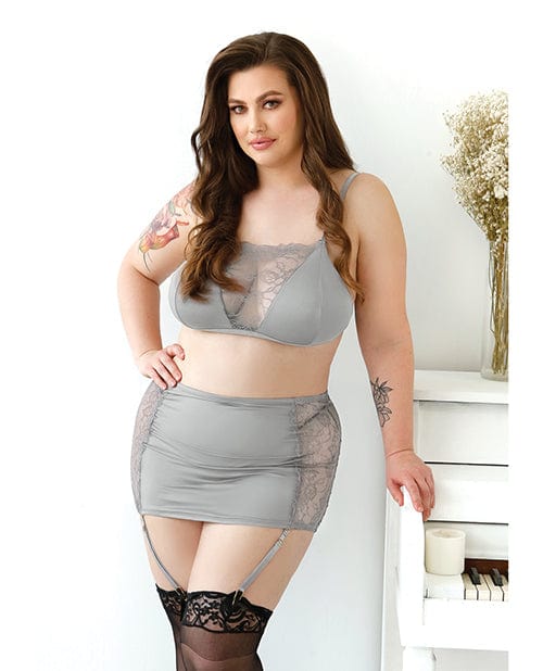 Fantasy Lingerie Curve Layne Lace &amp; Microfiber Bralette W/garter Skirt &amp; G-string Gray 1x/2x Lingerie &amp; Costumes